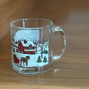 Vintage Christmas Glass Mug with Cottage and Sleigh Ride
